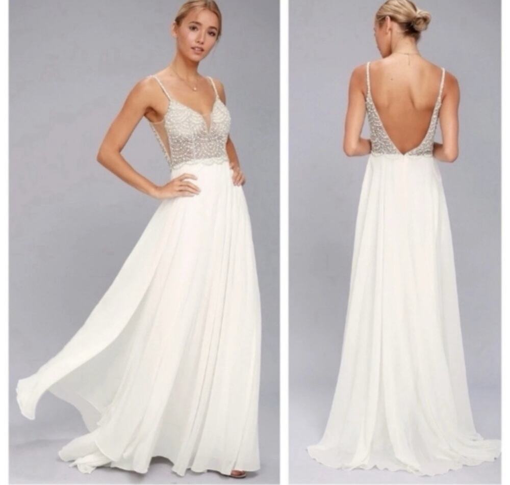 NWT Lulus Size Small Love White Beaded Rhinestone Maxi Dress Wedding Gown #96